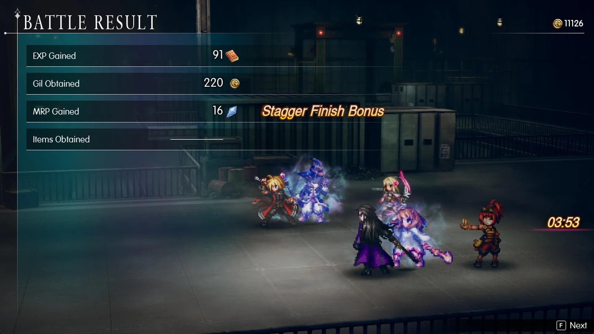 Battle Result after the Centipede group: 91 EXP, 220 Gil, 16 MRP with a Stagger Finish Bonus