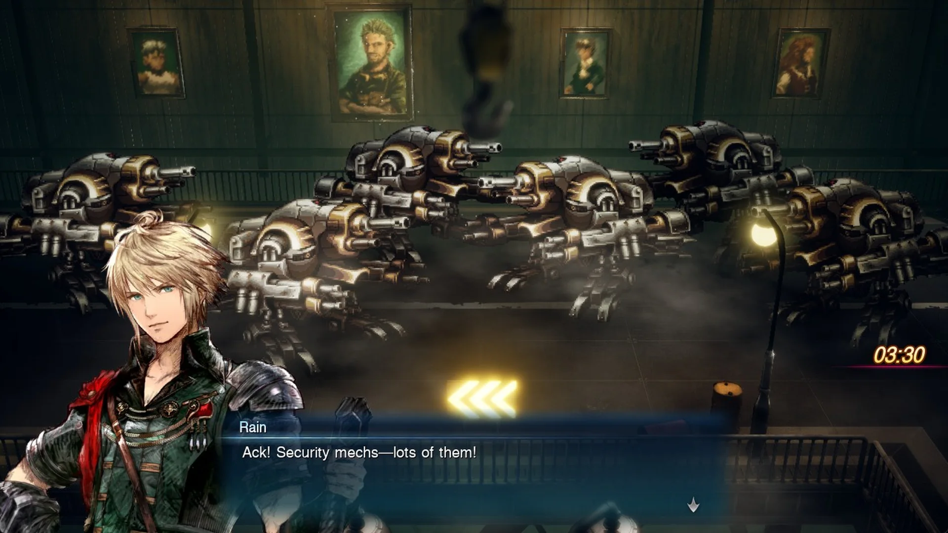 Rain in front of a row of security mechs at 3:30: Ack! Security mechs-lots of them!