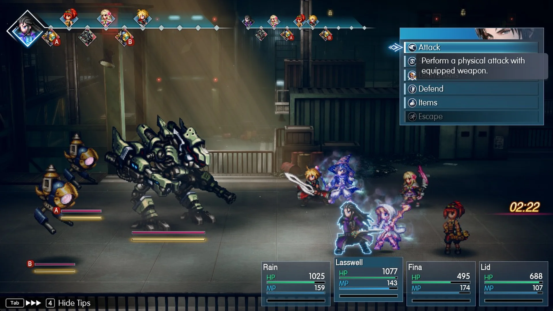 Epimetheus and two Security Eyes at the start of the battle with the Escape row greyed out and 2:22 on the clock
