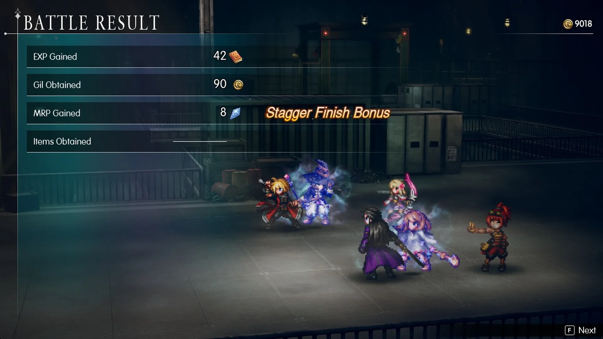 Battle Result after the two Security Eyes: 42 EXP, 90 Gil and 8 MRP with a Stagger Finish Bonus