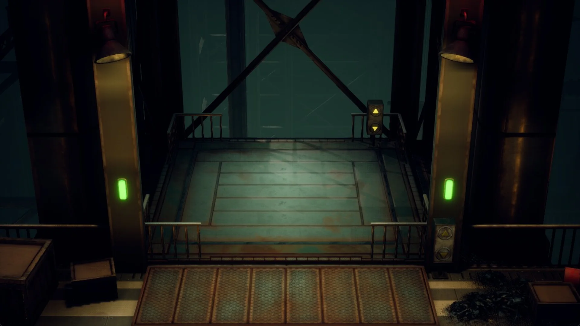 The east lift in the ground-floor hall with its lamps turned green after the switch