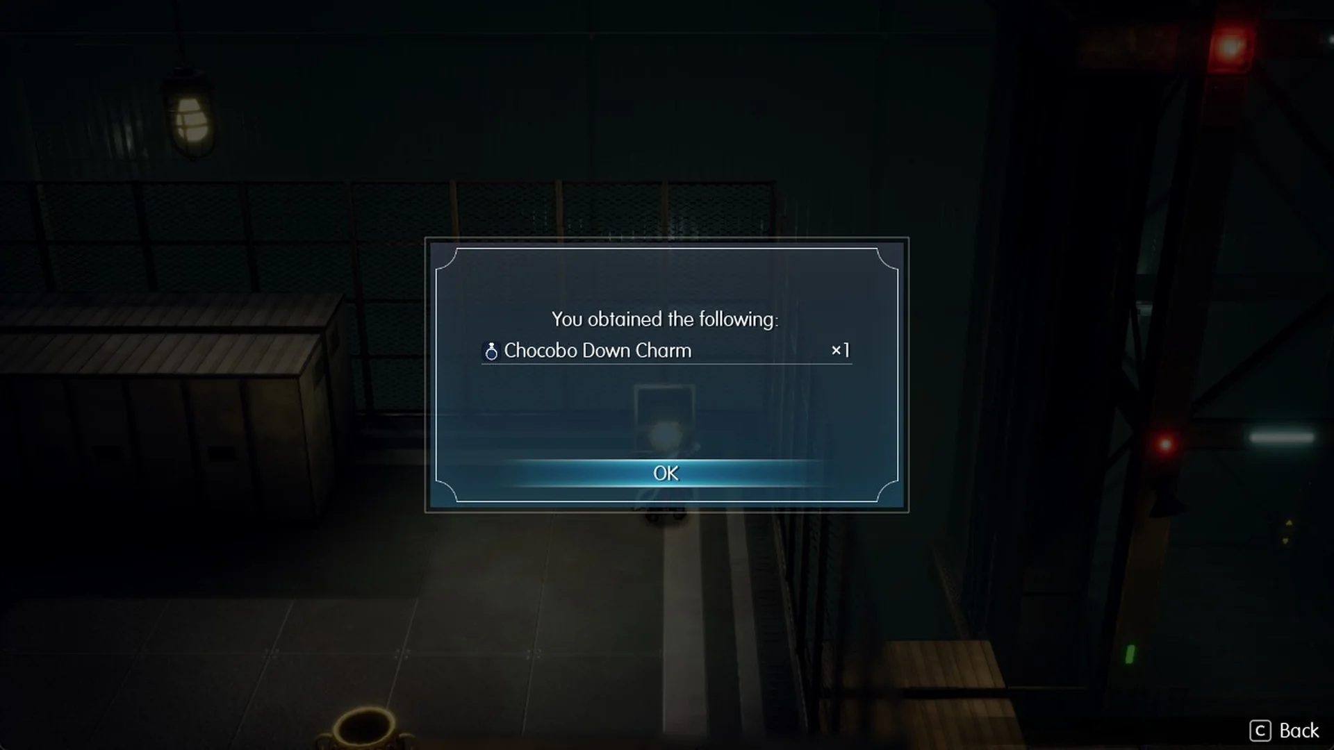 You obtained the following: Chocobo Down Charm x1