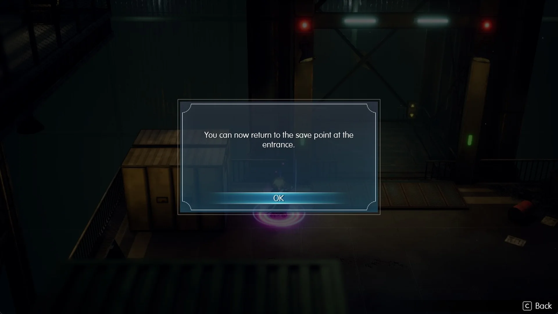 Message: You can now return to the save point at the entrance.