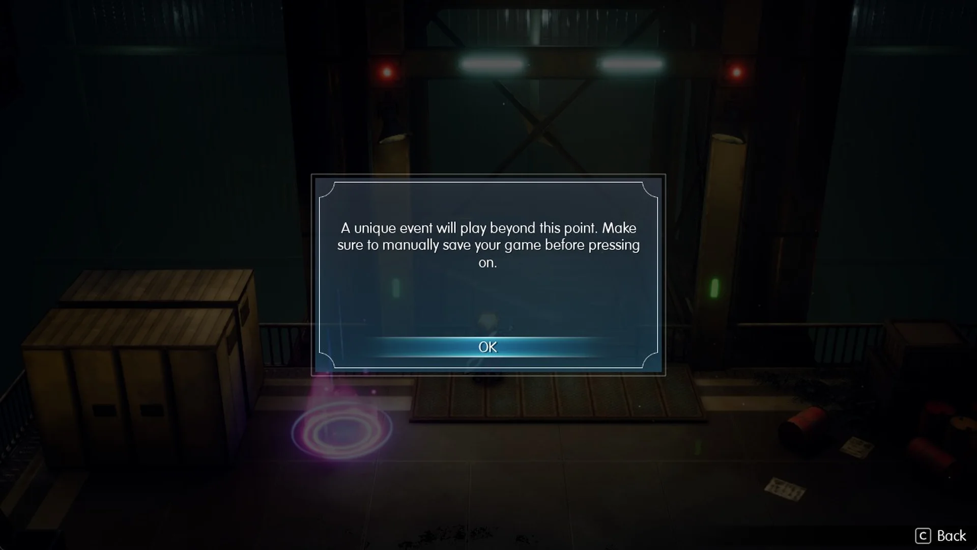 Warning: A unique event will play beyond this point. Make sure to manually save your game before pressing on.