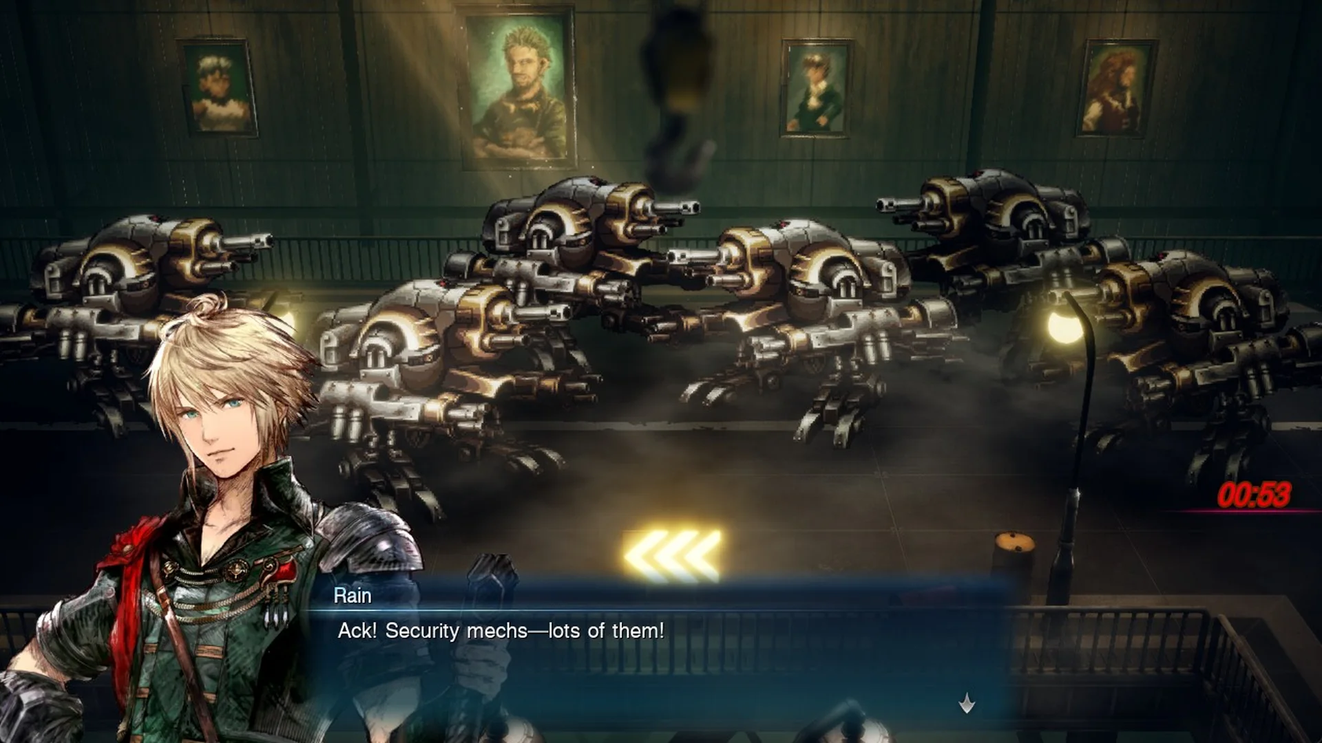 Rain in front of a row of security mechs: Ack! Security mechs-lots of them!