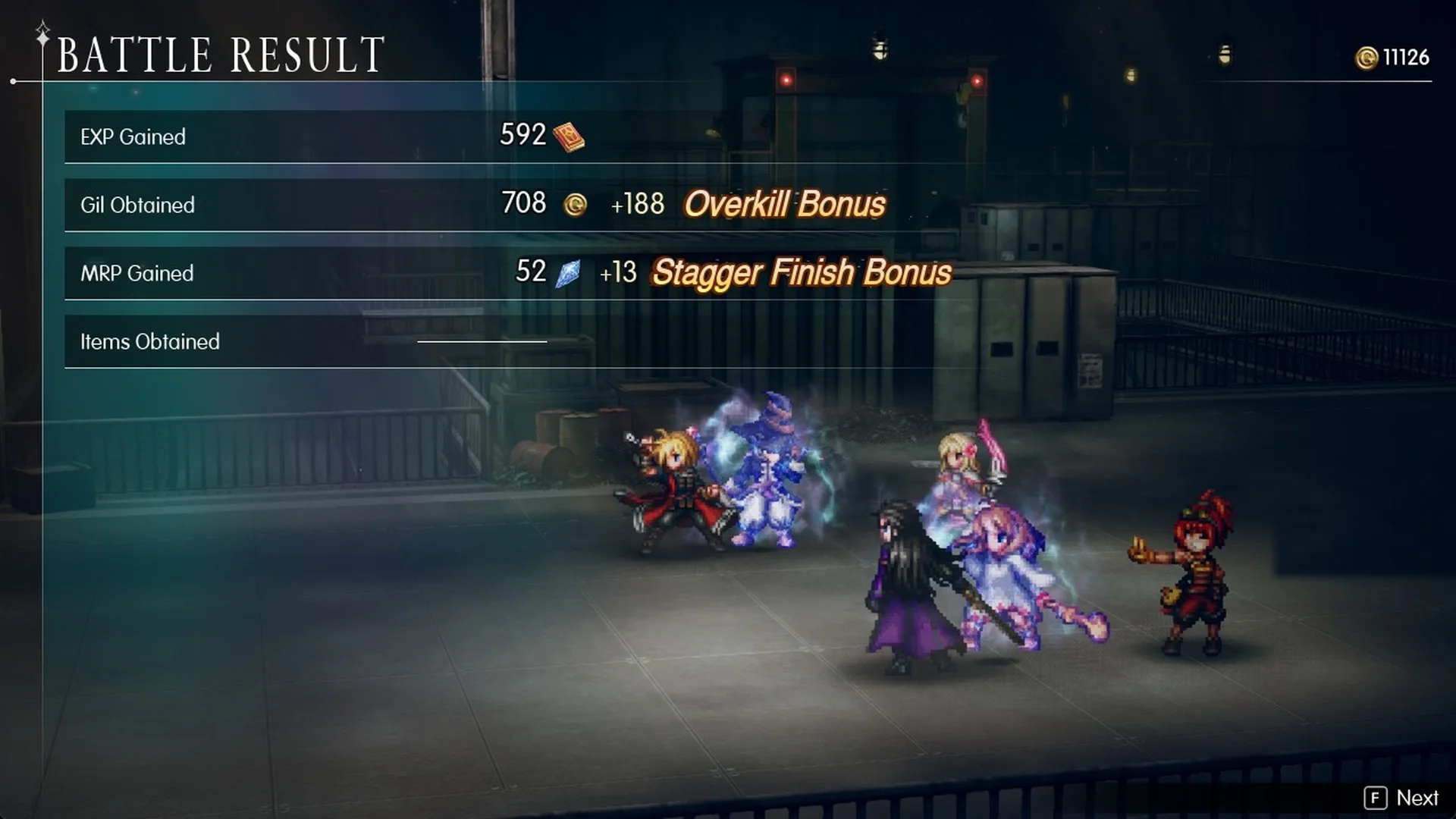 Battle Result after Epimetheus: 592 EXP, 708 Gil plus 188 Overkill Bonus, 52 MRP plus 13 Stagger Finish Bonus
