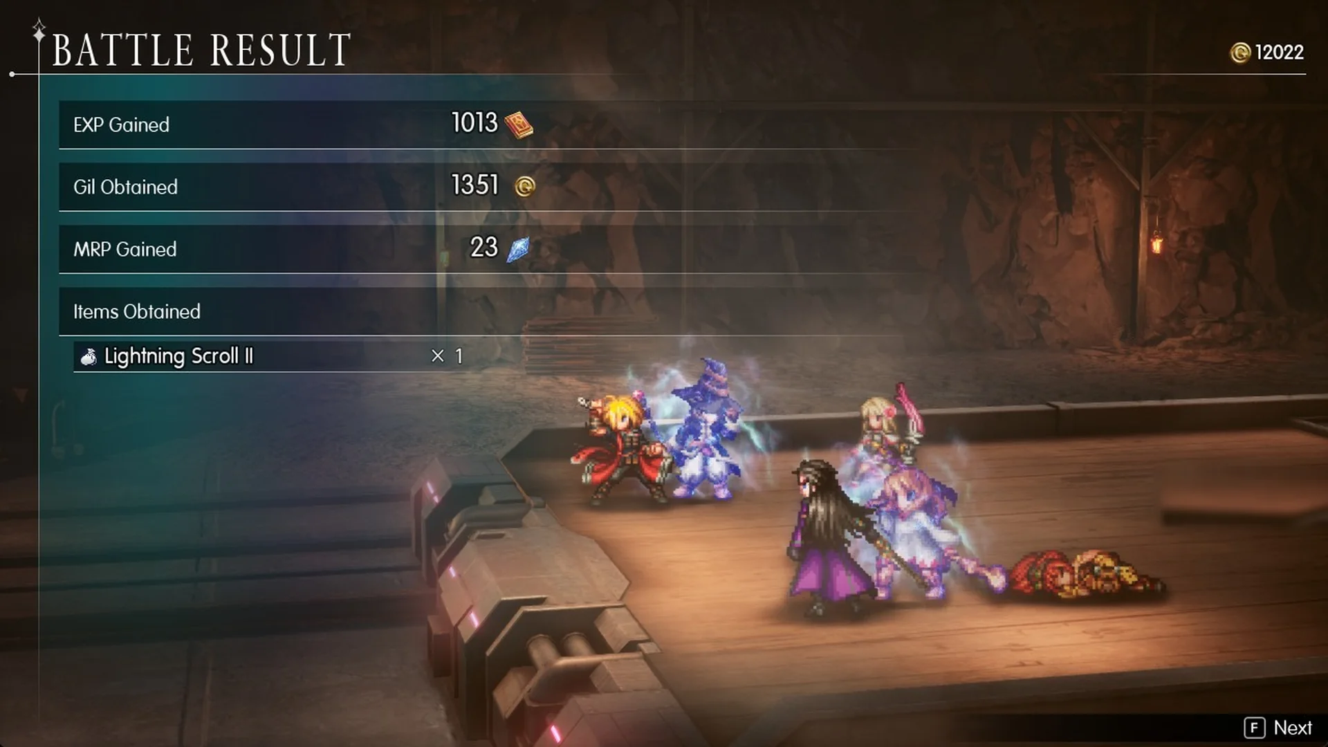 Battle Result after Adrastea: 1013 EXP, 1351 Gil, 23 MRP and Lightning Scroll II x1