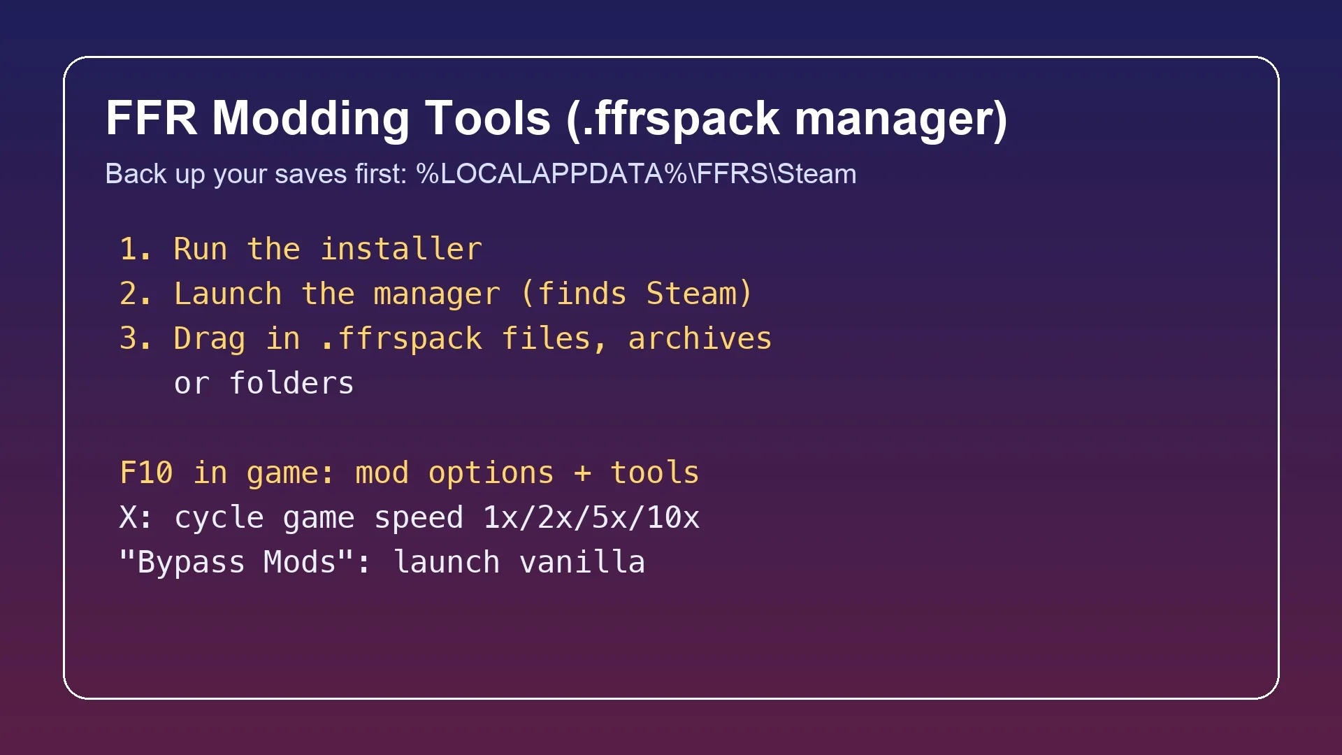 FFR Modding Tools install steps for Final Fantasy Resonance: run the installer, launch the manager, drag in .ffrspack files