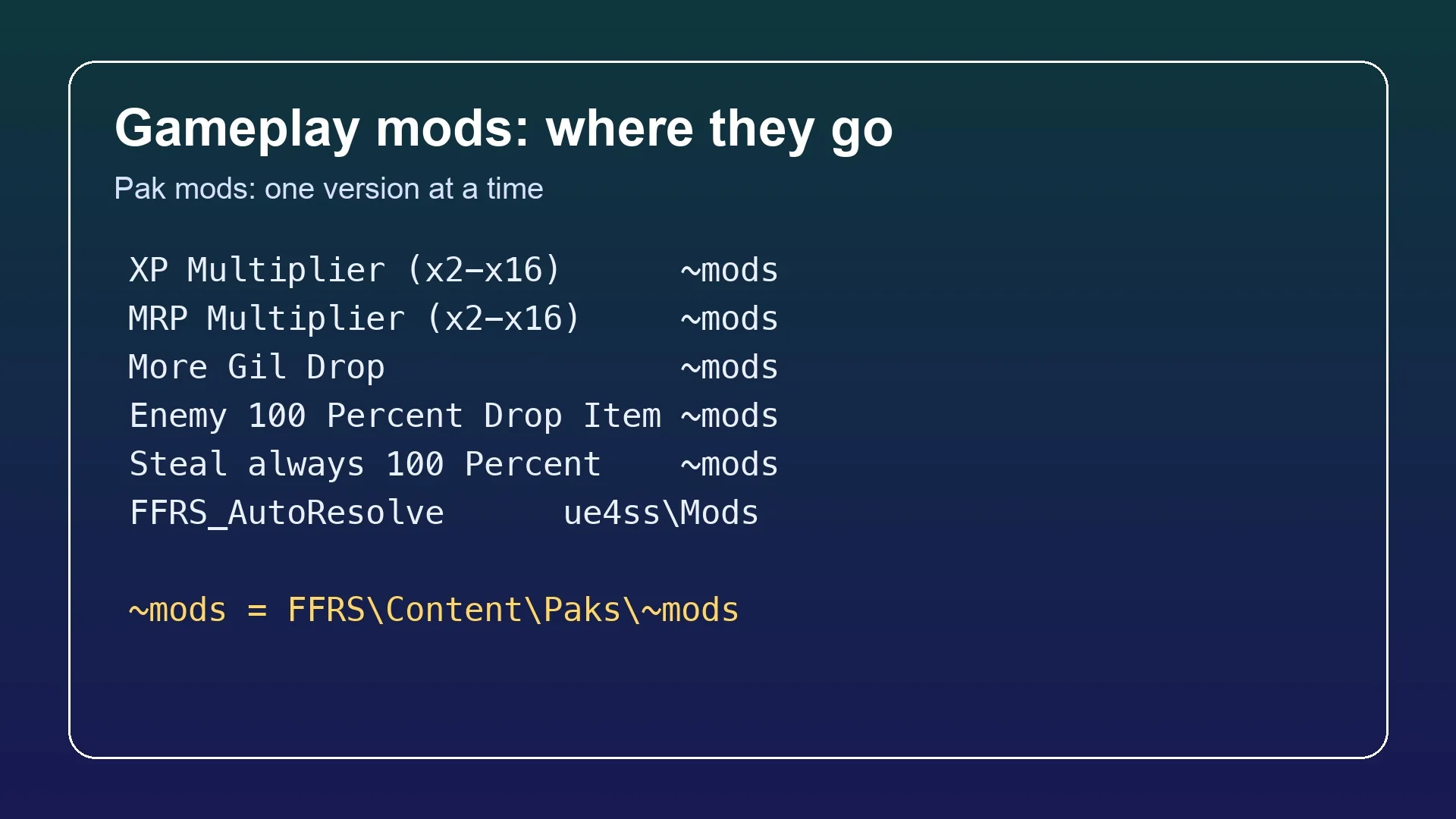 Where Final Fantasy Resonance gameplay mods go: multiplier and drop mods in ~mods, FFRS_AutoResolve in ue4ss Mods