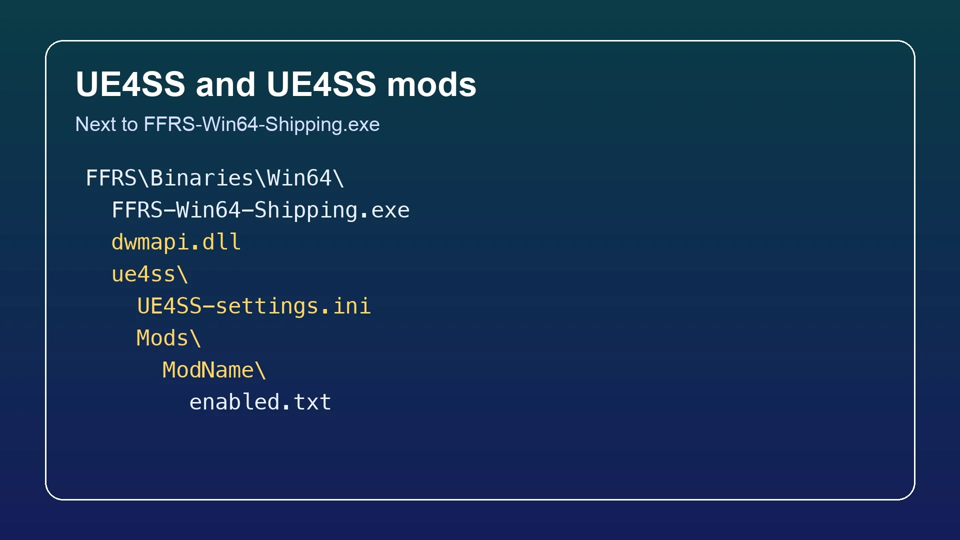 Folder layout for UE4SS in Final Fantasy Resonance: dwmapi.dll and the ue4ss folder next to FFRS-Win64-Shipping.exe