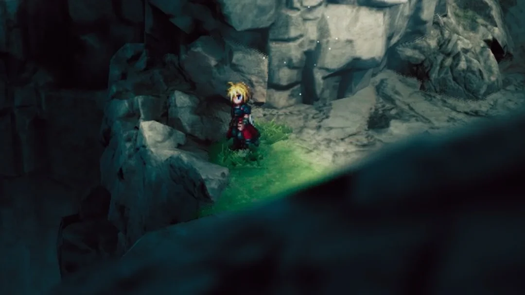 Rain standing on the green-lit spot at the foot of a rock pillar inside Mt. Thunderclap