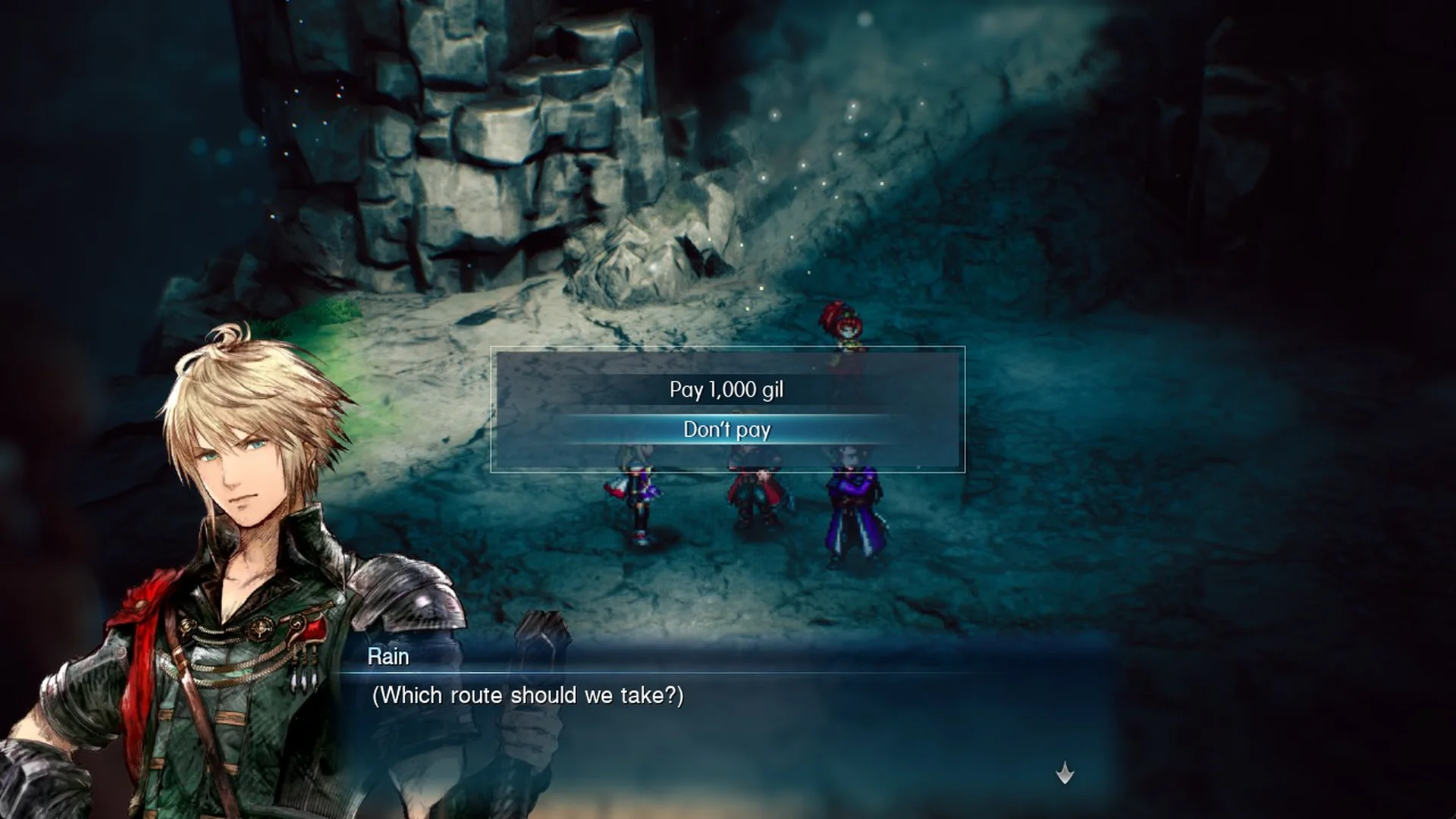 Choice box with Pay 1,000 gil and Don't pay, cursor on Don't pay