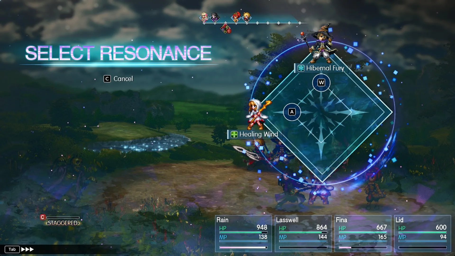 Select Resonance screen with Hibernal Fury on W and Healing Wind on A after staggering Zombies