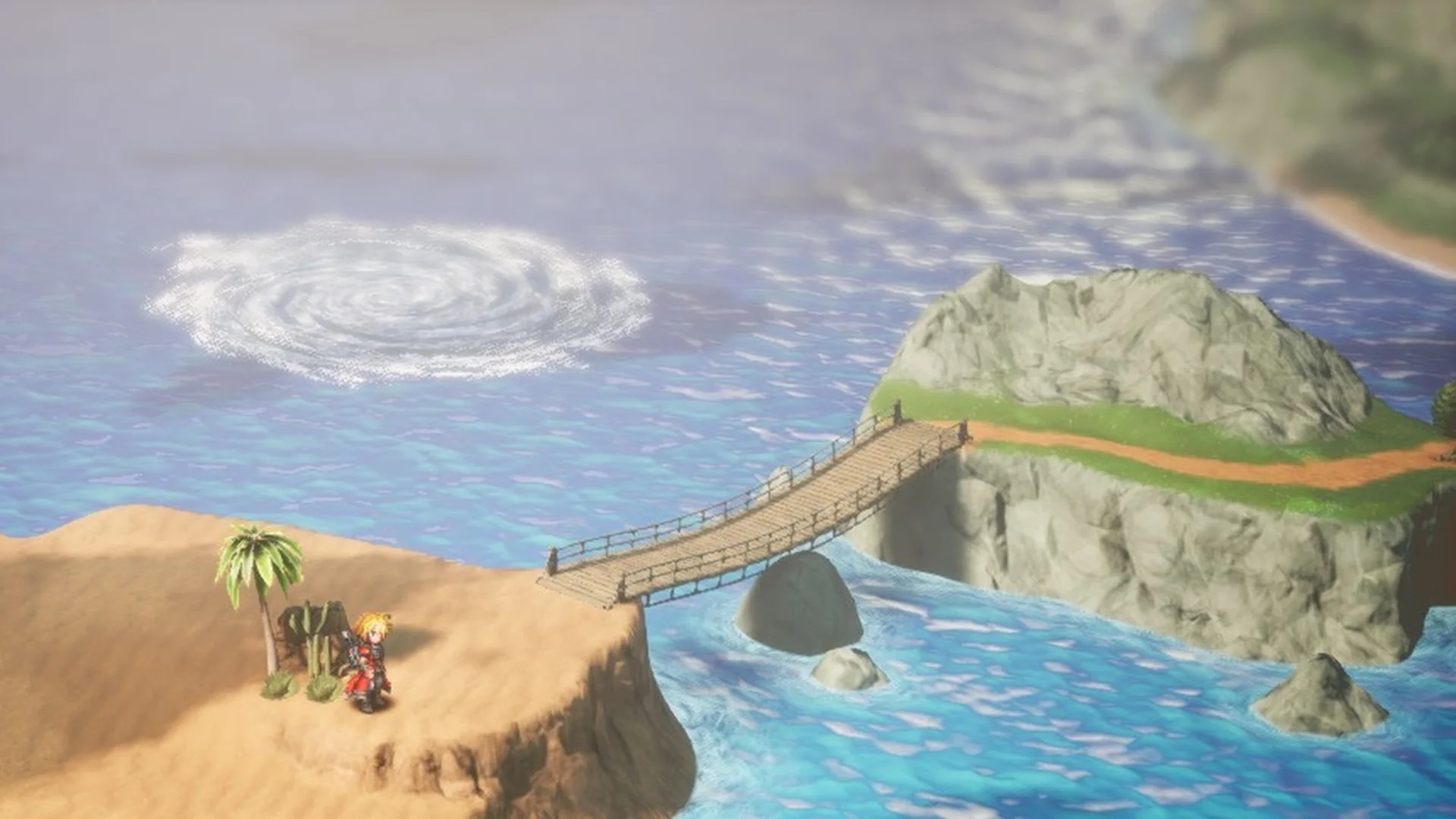 Rain on a desert cliff by a rope bridge over the sea in Final Fantasy Resonance