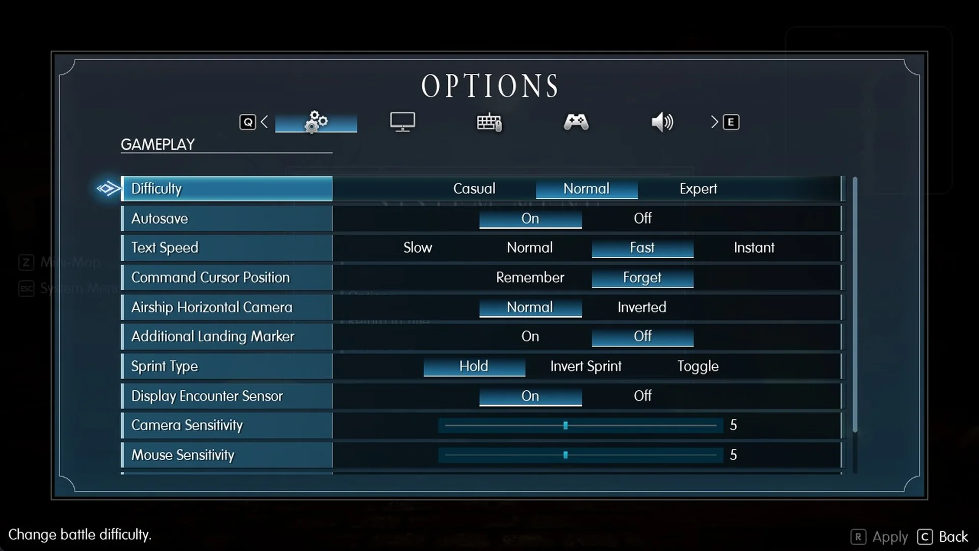 Final Fantasy Resonance Options Gameplay tab with the Difficulty row set to Normal