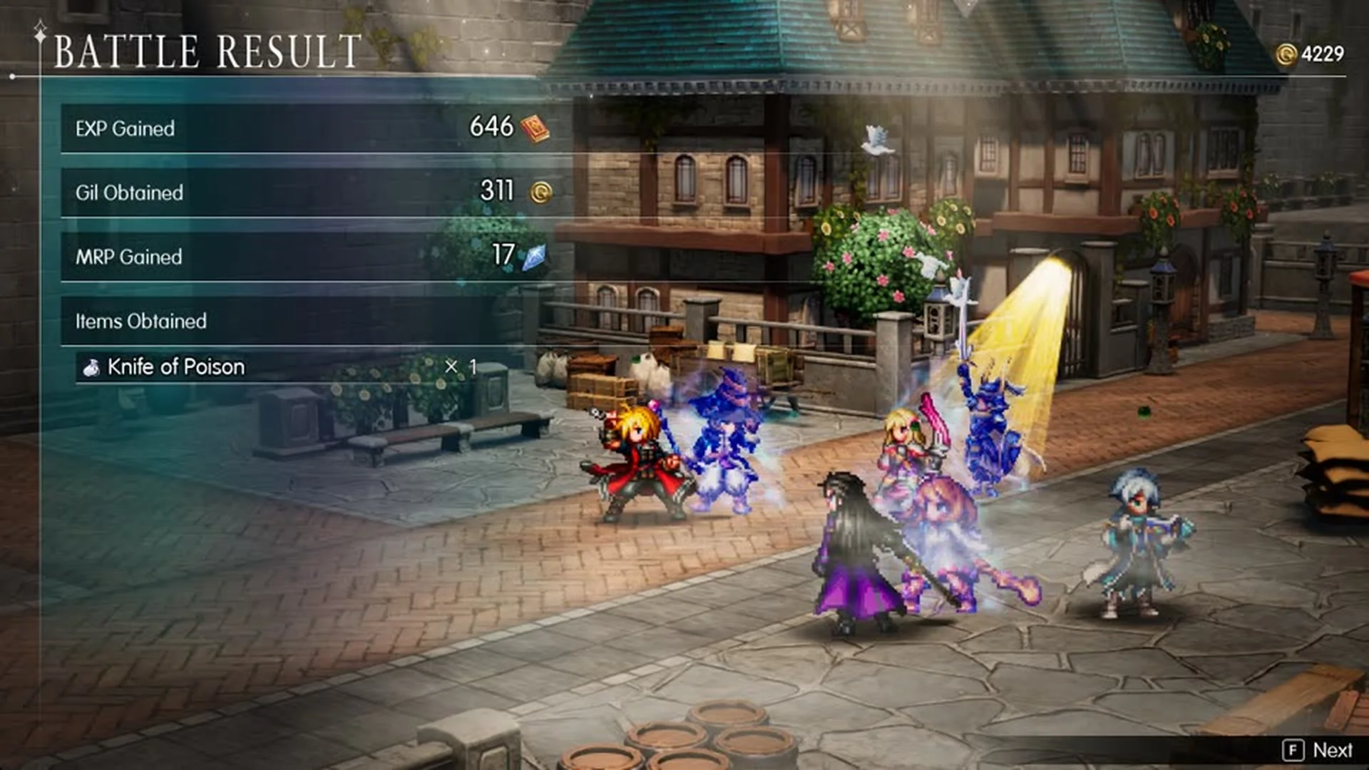 Battle Result 646 EXP, 311 Gil, 17 MRP and a Knife of Poison