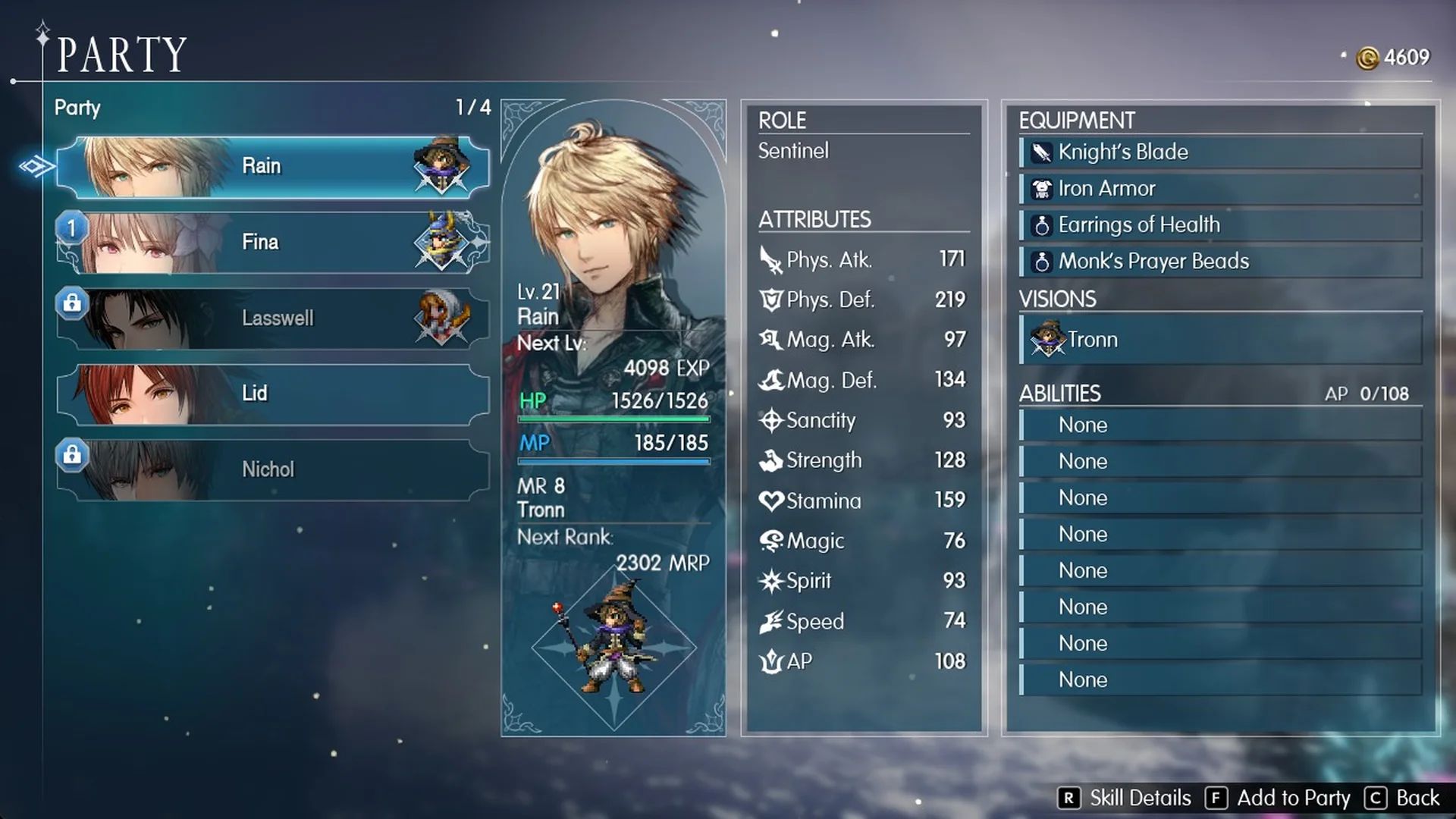 Party screen with Lasswell and Nichol locked
