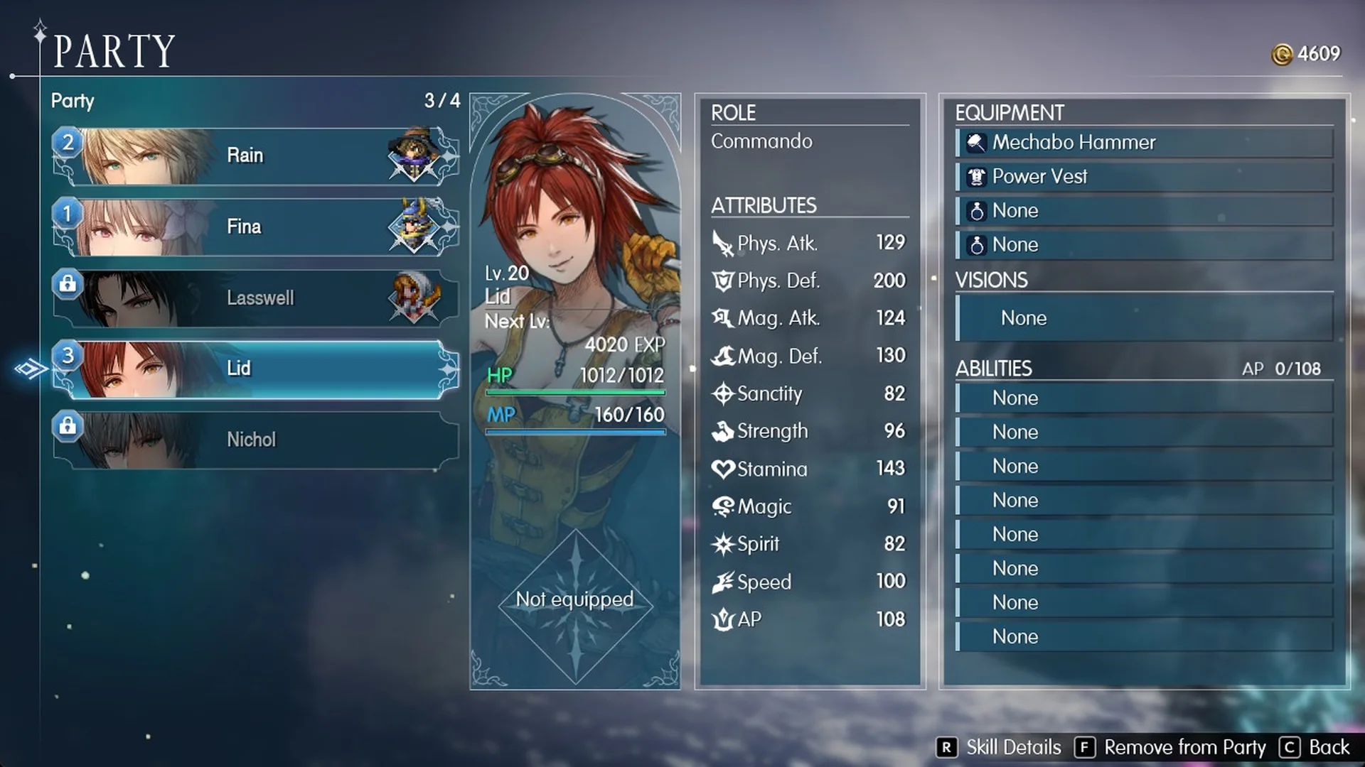 Lid on the Party screen with Visions Not equipped