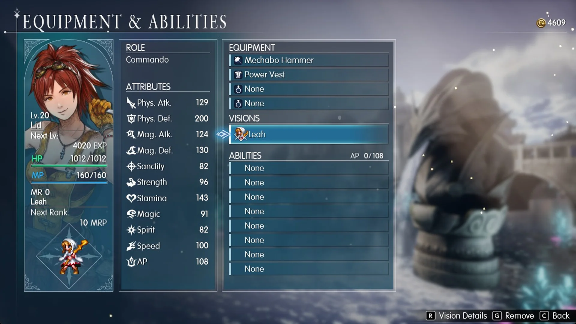 Equipment and Abilities screen with Leah equipped on Lid