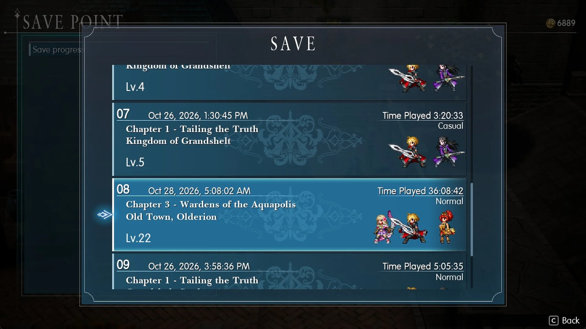 Save screen: Chapter 3, Wardens of the Aquapolis, Old Town, Olderion