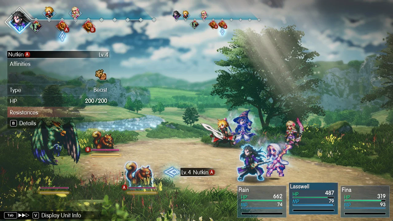 Battle screen with Nutkin A targeted and its Affinities and HP shown, Fina now in the party