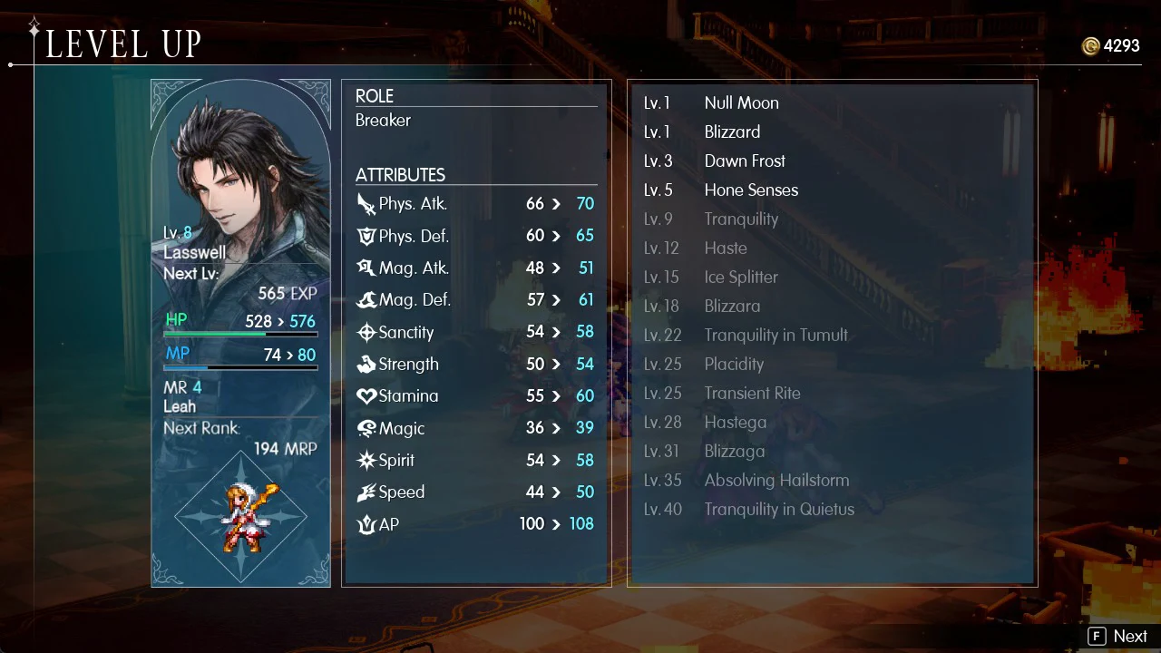 Lasswell's LEVEL UP screen at level 8 with stat increases, his skill list and the F Next prompt