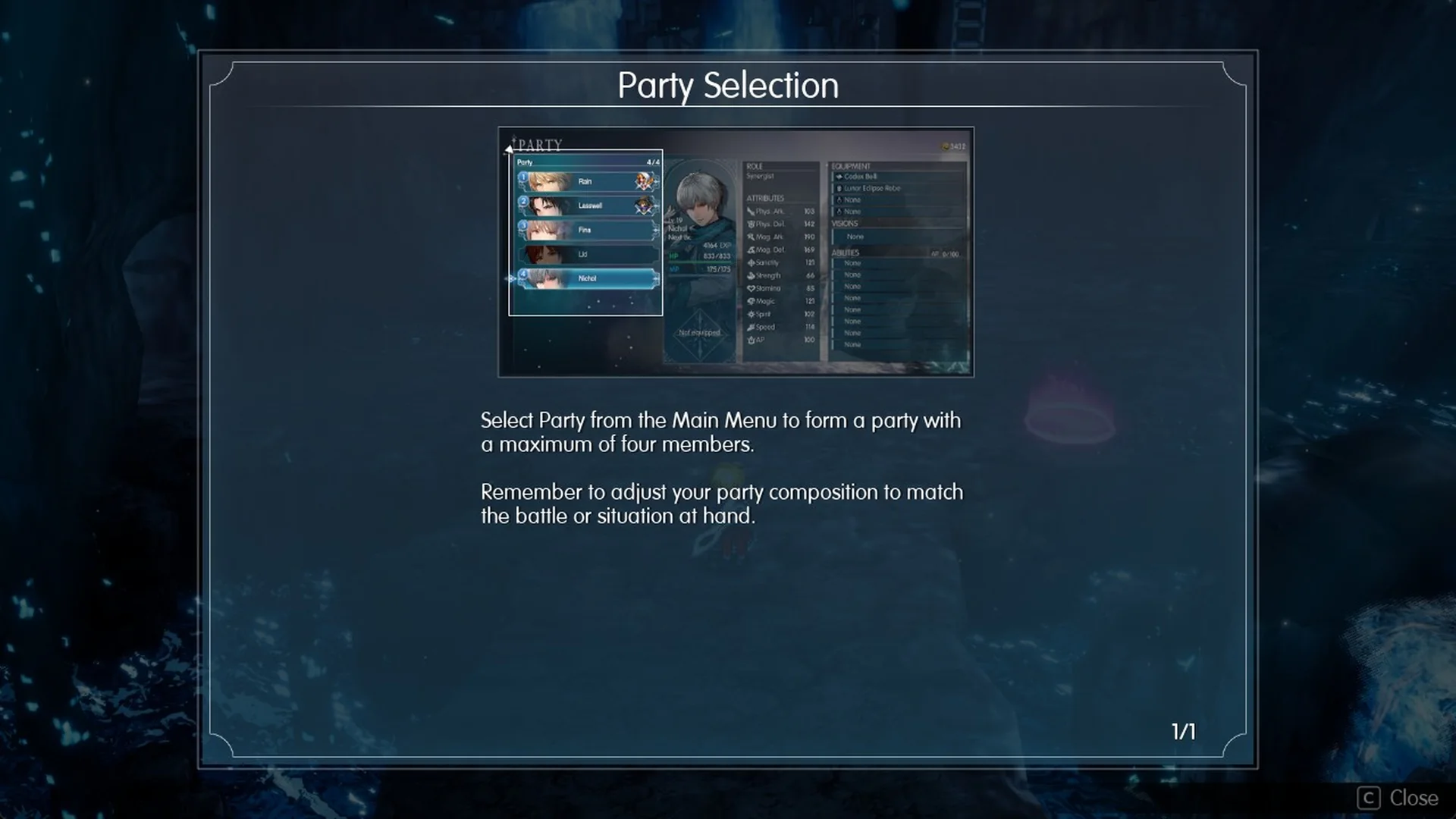 Party Selection tutorial: form a party with a maximum of four members
