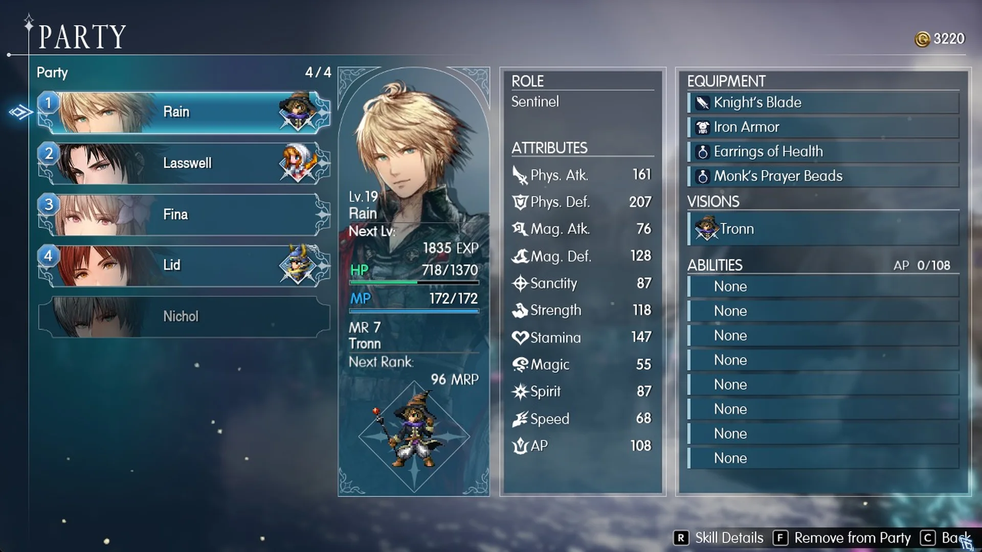Party screen 4/4 with Nichol greyed out below the party