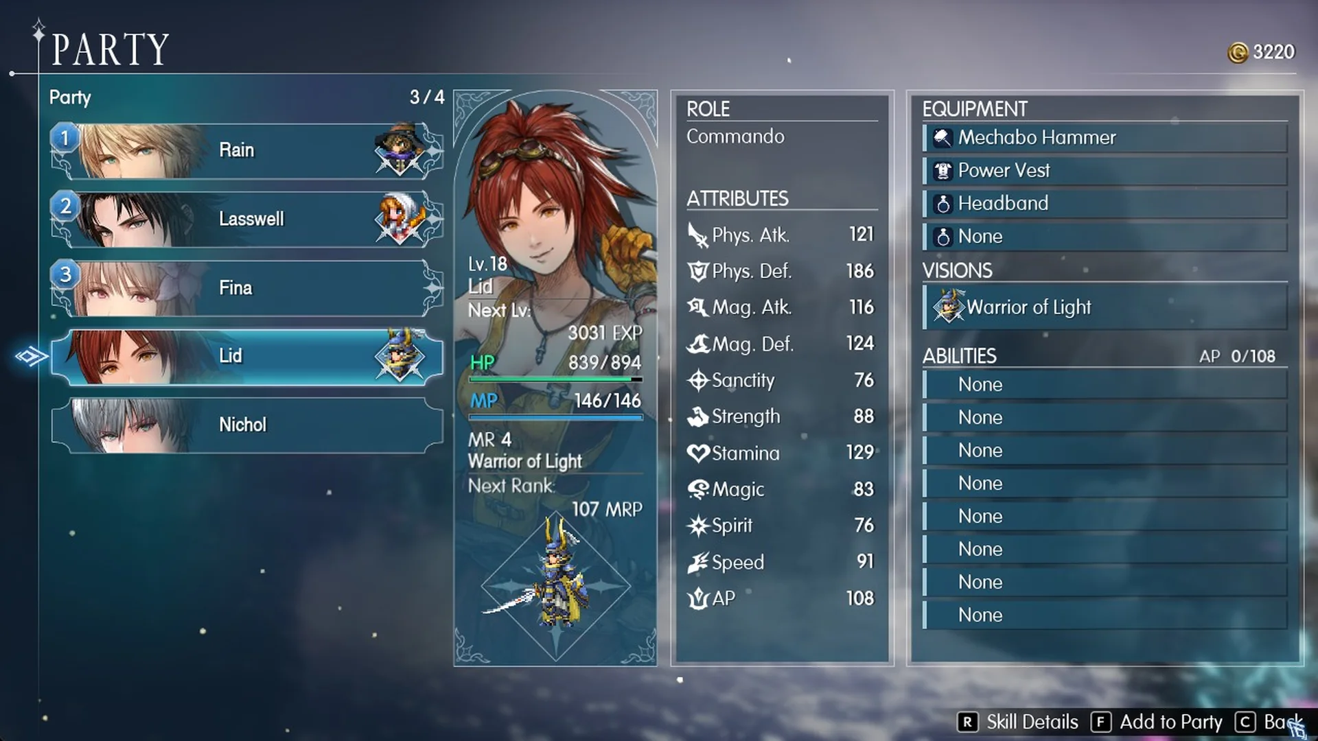 Party screen 3/4 with Lid selected and F Add to Party