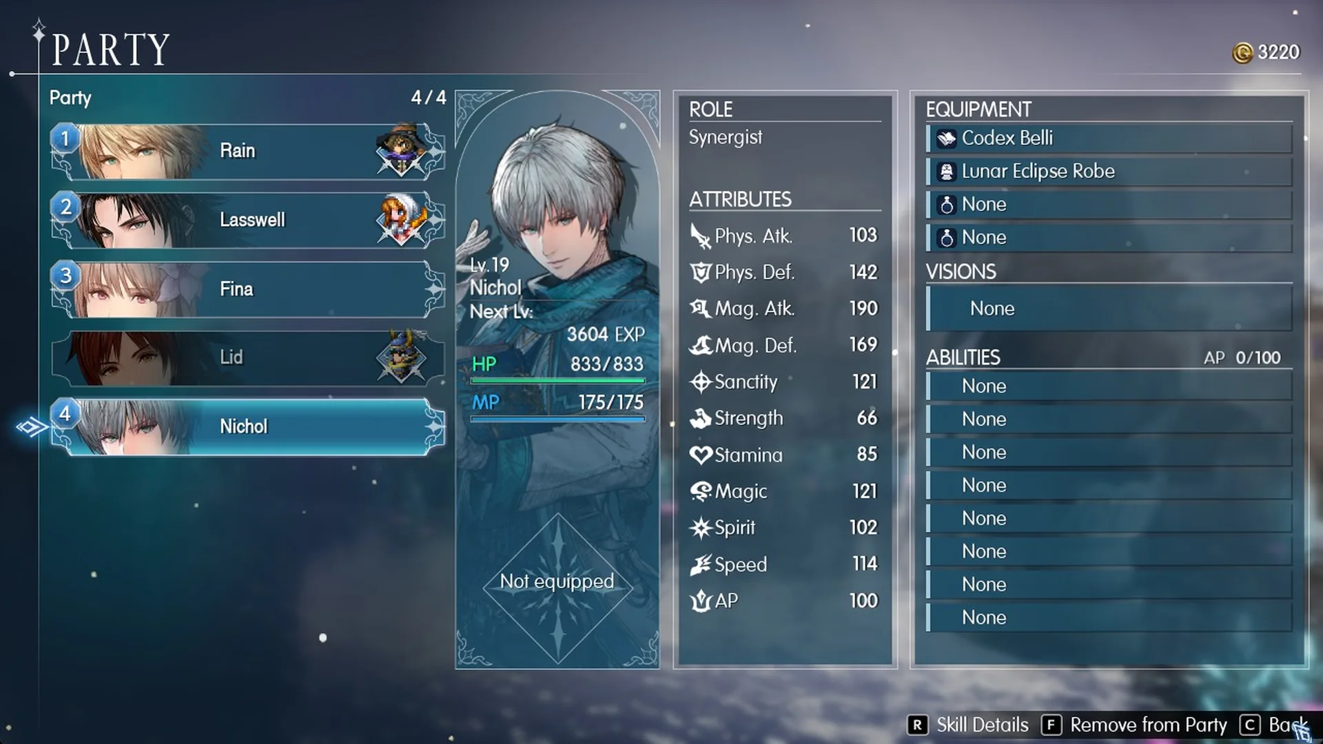 Party screen 4/4 with Nichol in slot 4, Synergist