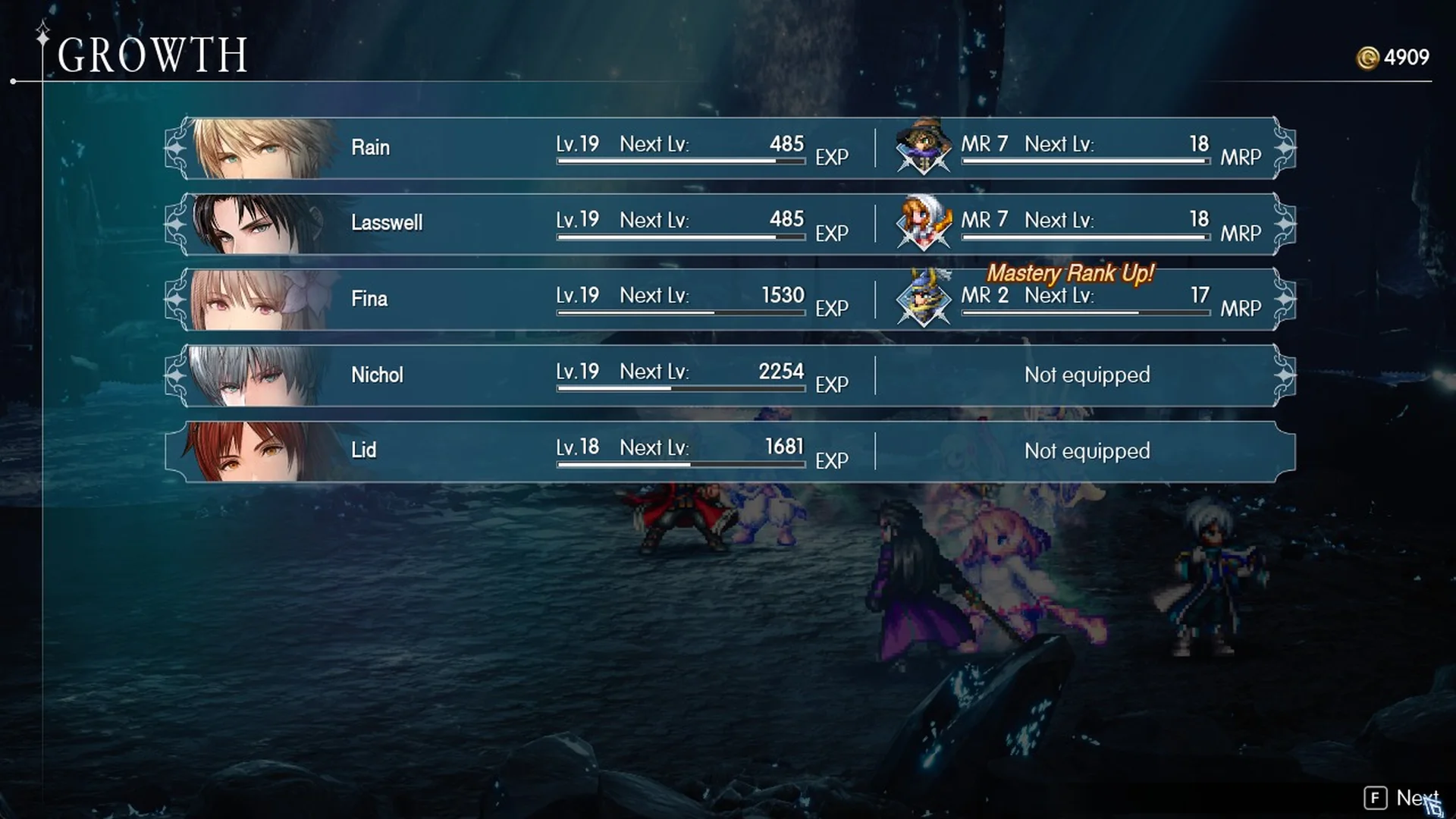 Growth screen listing all five, including benched Lid gaining EXP