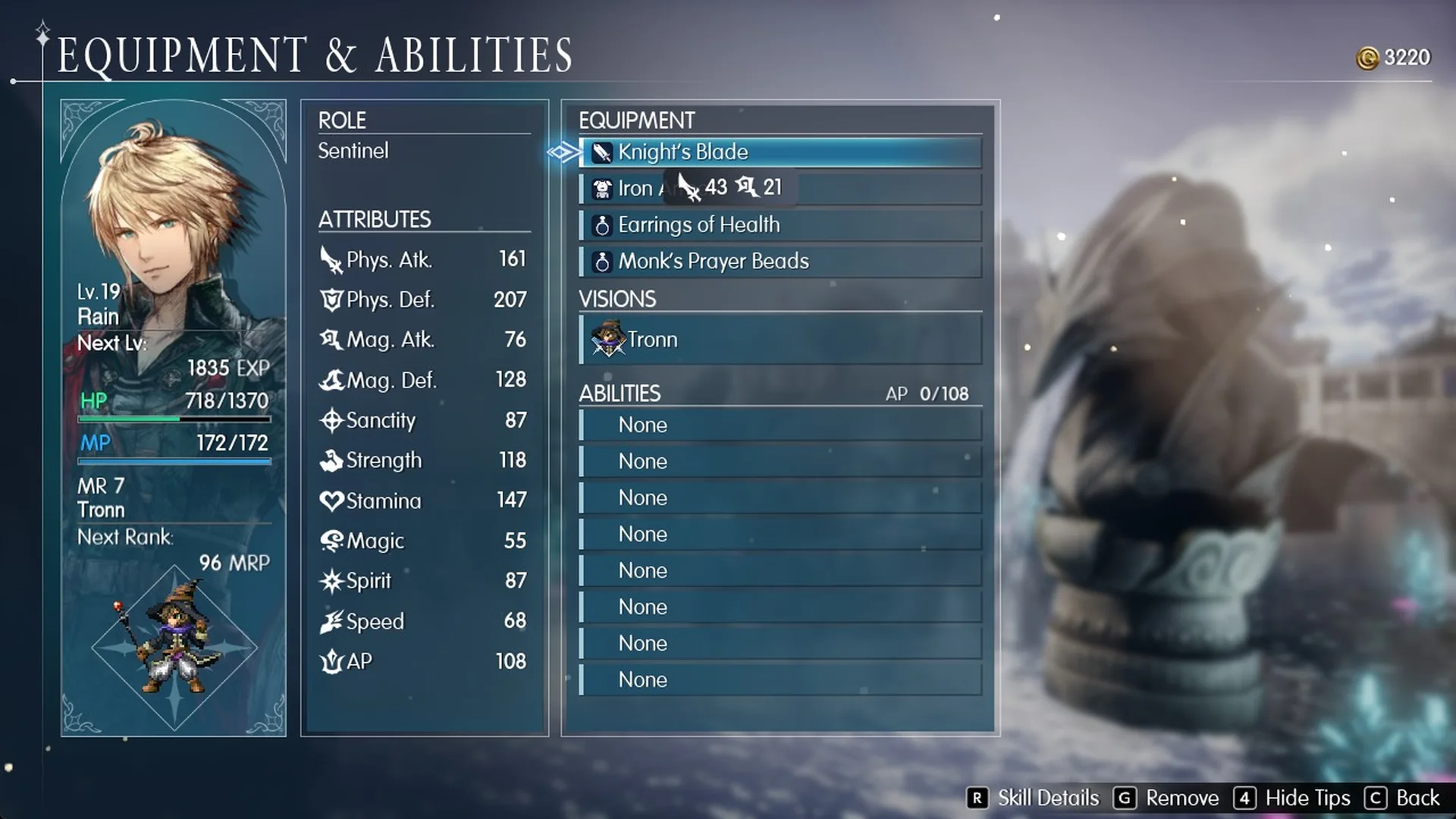 Equipment and Abilities for Rain: ability slots None, AP 0/108