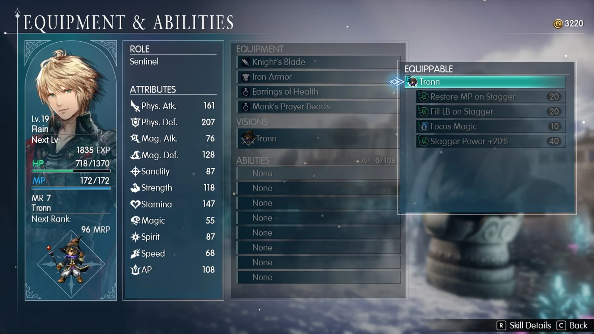 Equippable list with Tronn's abilities greyed out