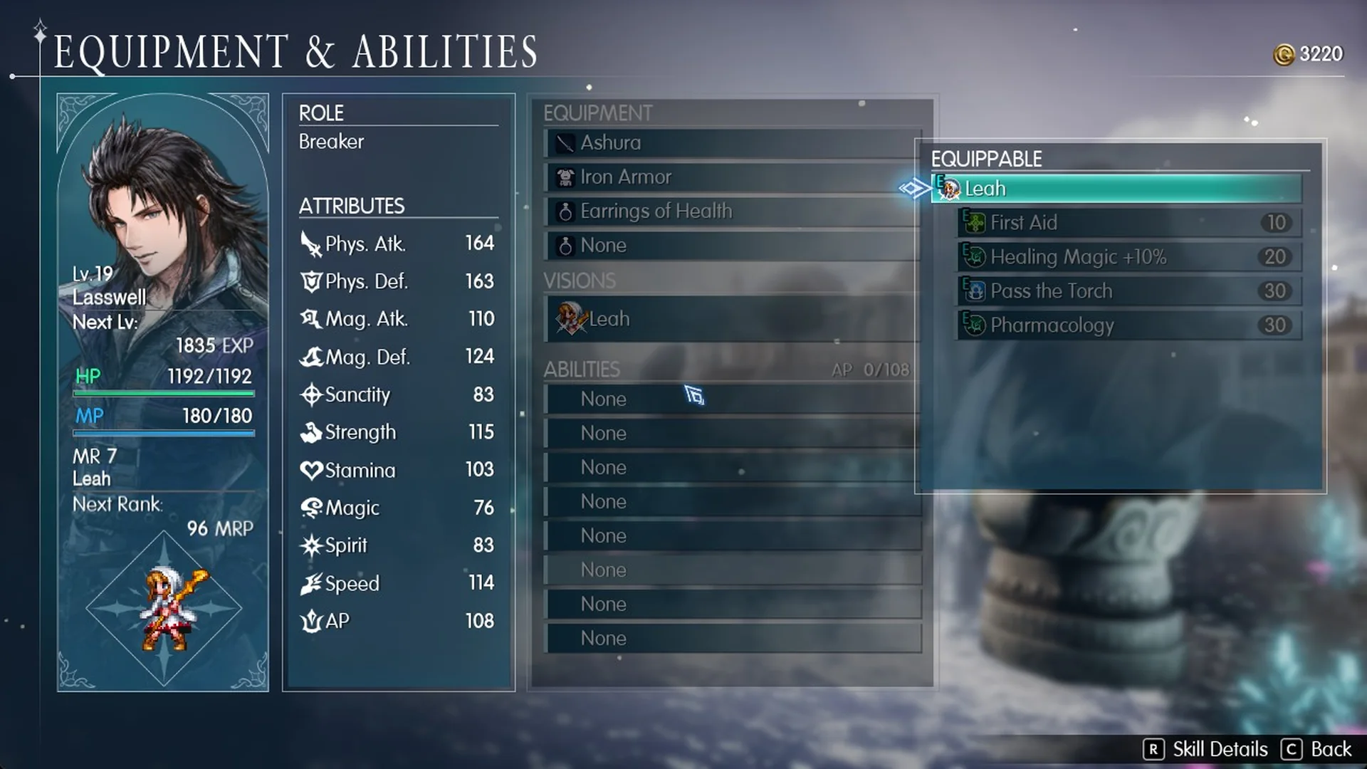 Lasswell's equippable list with Leah's abilities greyed out