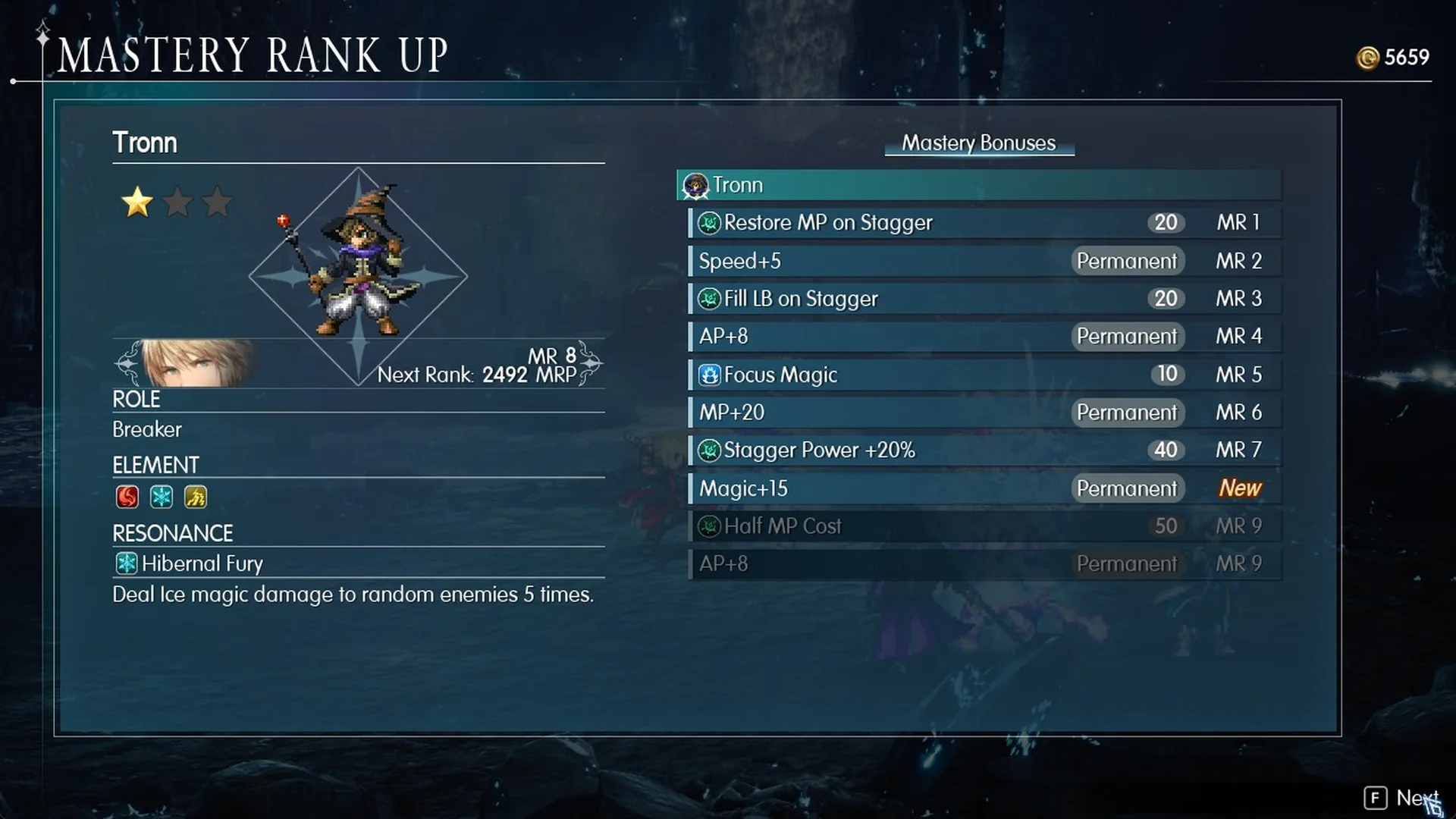 Mastery Rank Up for Tronn at MR 8 with AP+8 Permanent bonuses