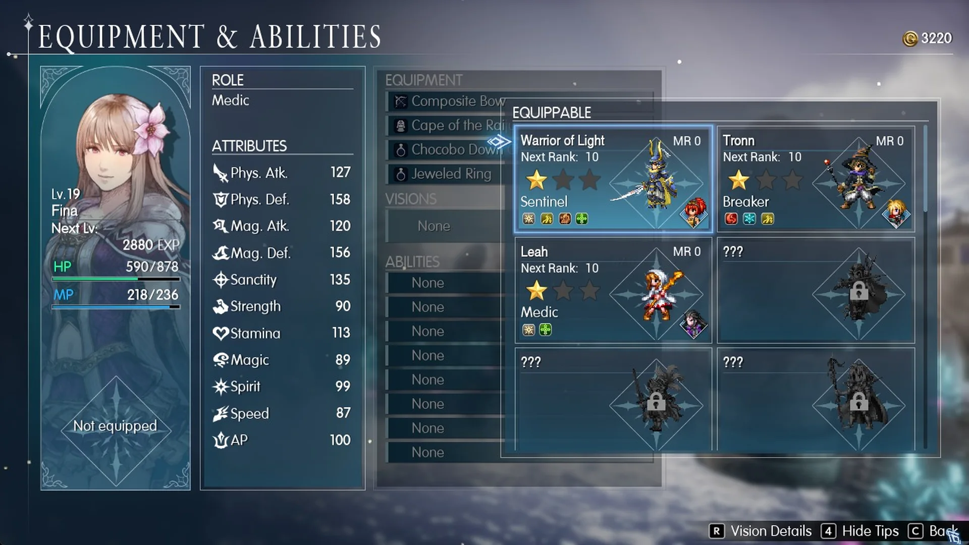 Fina's Vision list: Warrior of Light, Tronn, Leah and locked slots