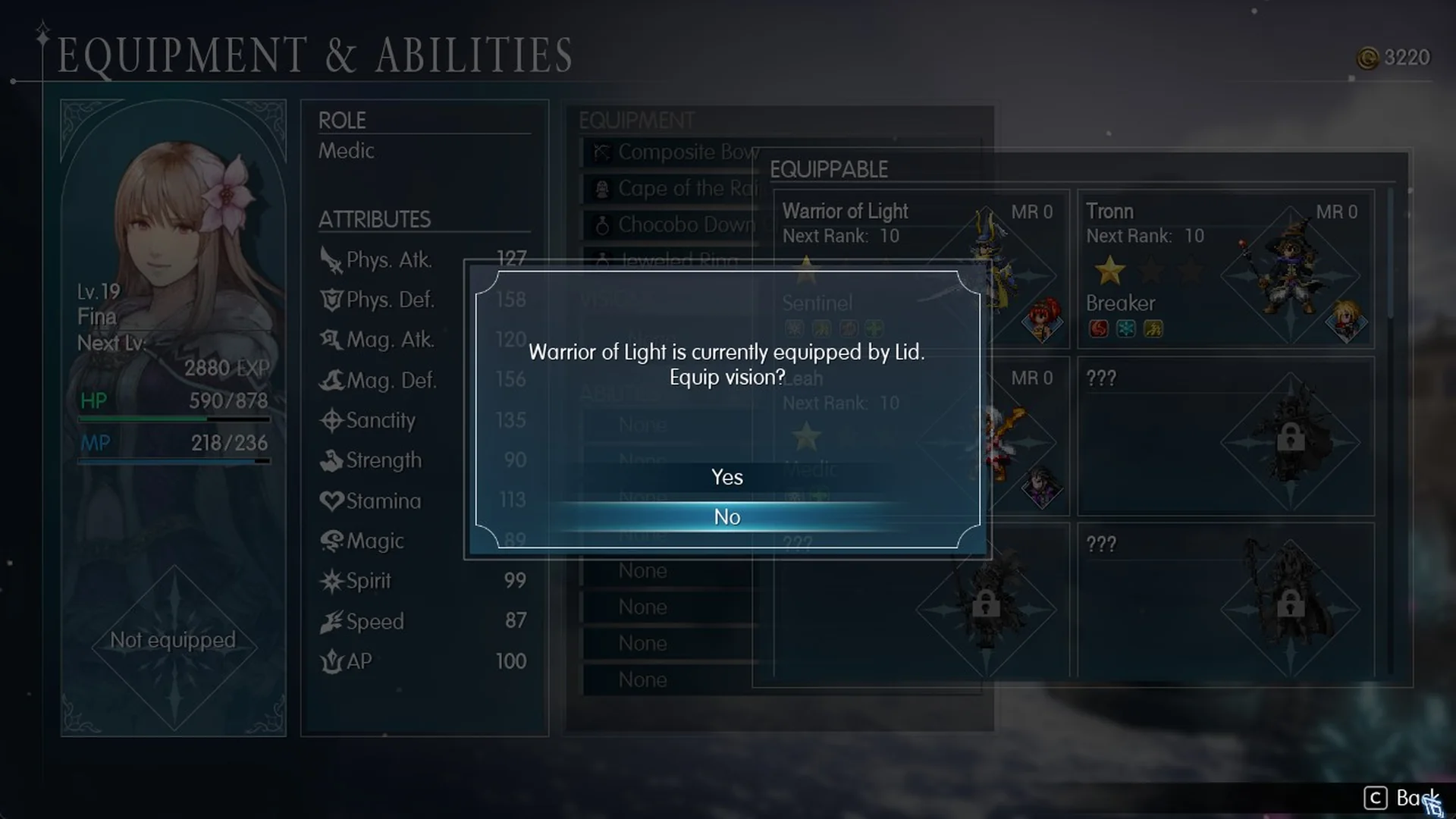 Warrior of Light is currently equipped by Lid. Equip vision?