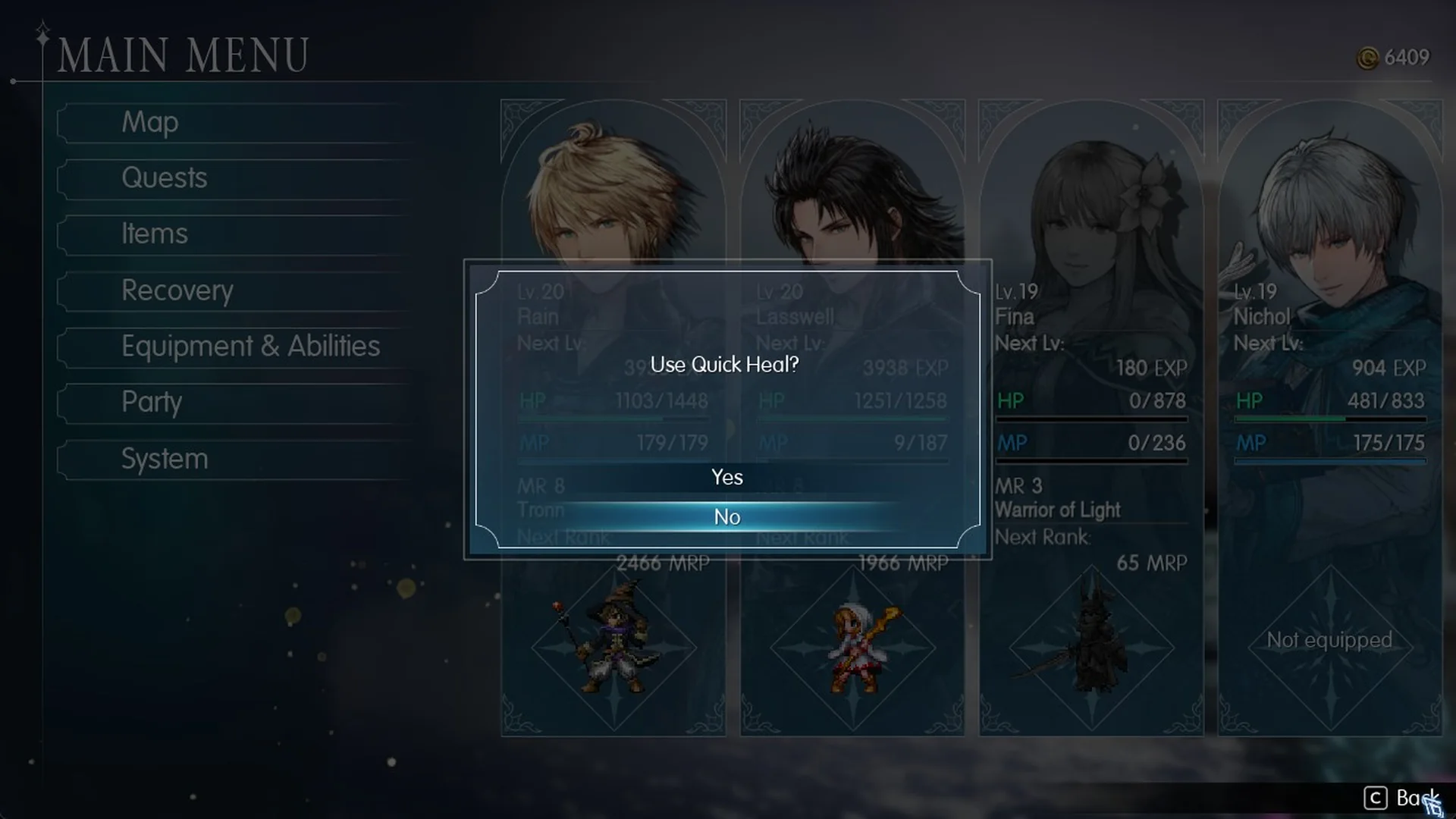 Main Menu with the Use Quick Heal? prompt