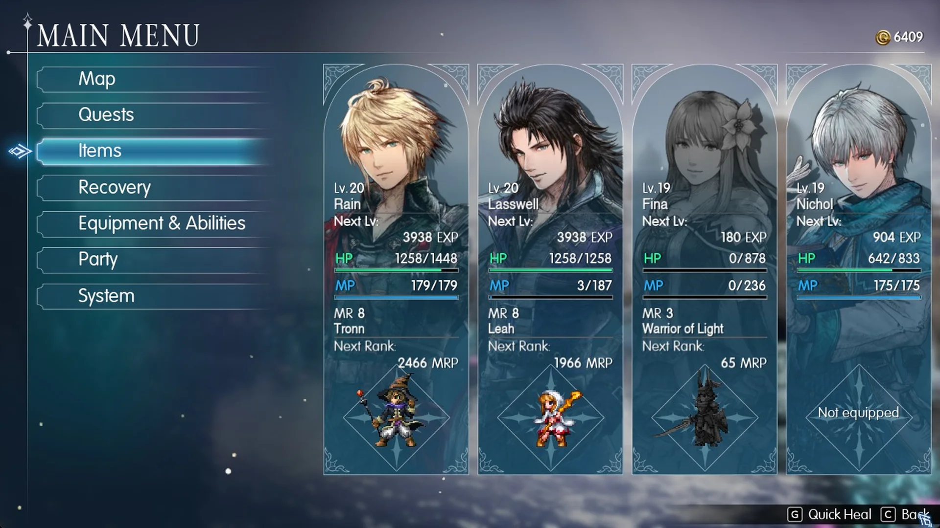 Main Menu after Quick Heal: Lasswell at 3 MP, Fina still at 0 HP
