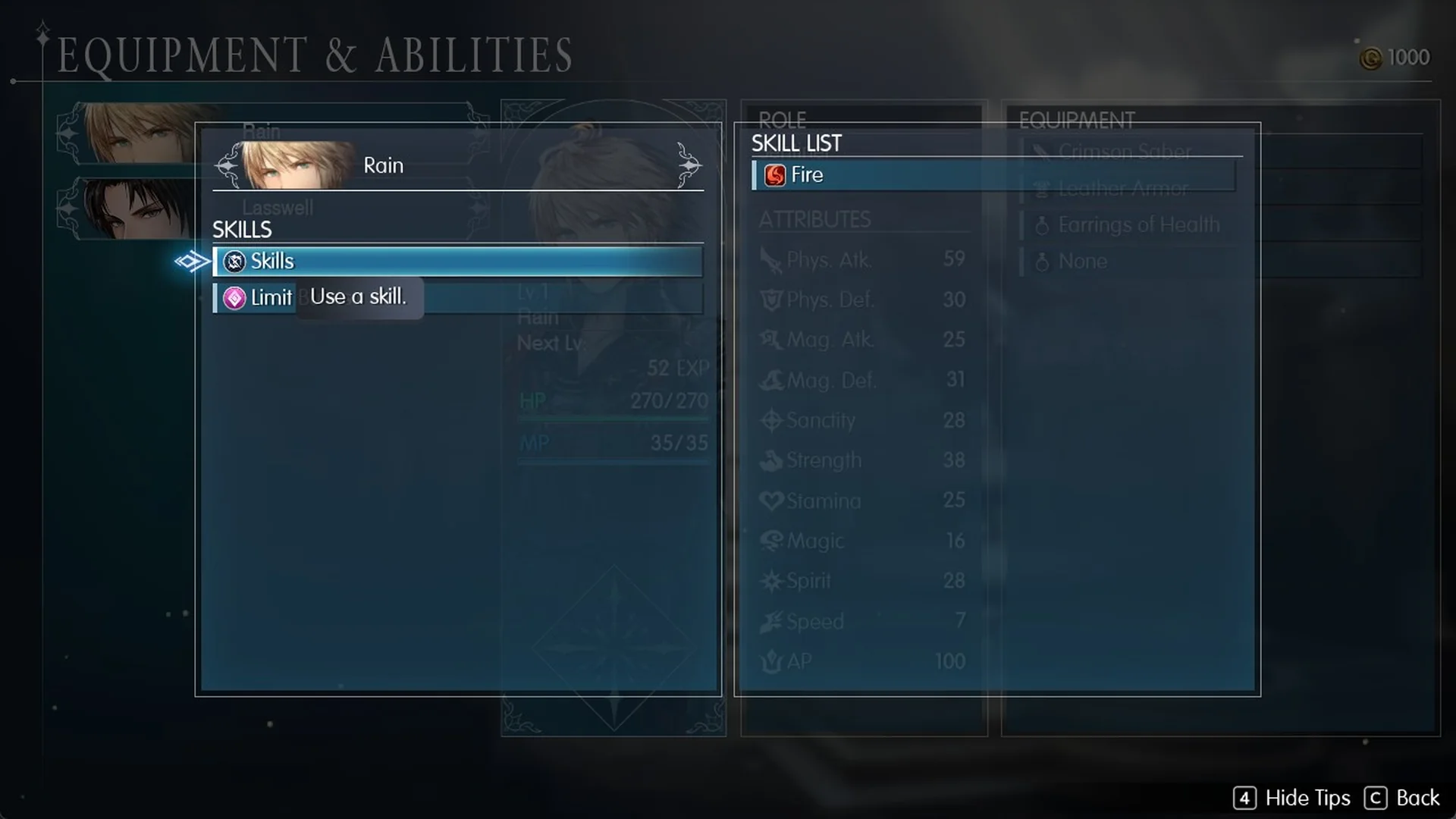 Rain's skill list in Equipment and Abilities with Fire selected