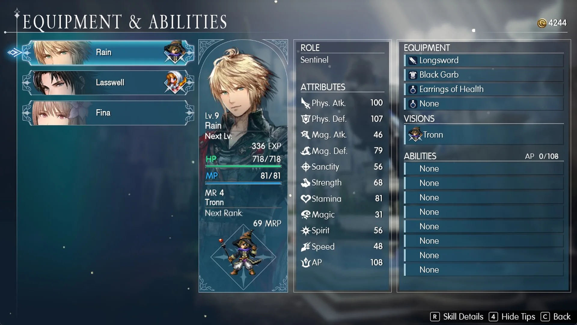 Rain's Equipment and Abilities screen with the Longsword in his weapon slot