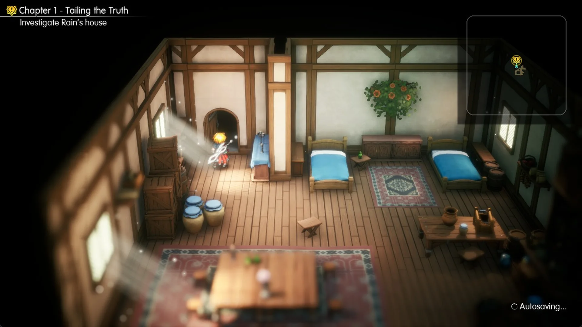 Rain inside Rain's house in the Town of Mitra with the objective Investigate Rain's house and the arched door at the top left