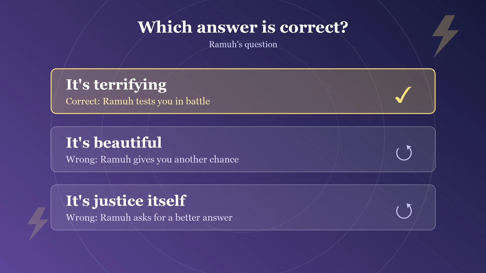 Which answer to Ramuh's question is correct in Final Fantasy Resonance