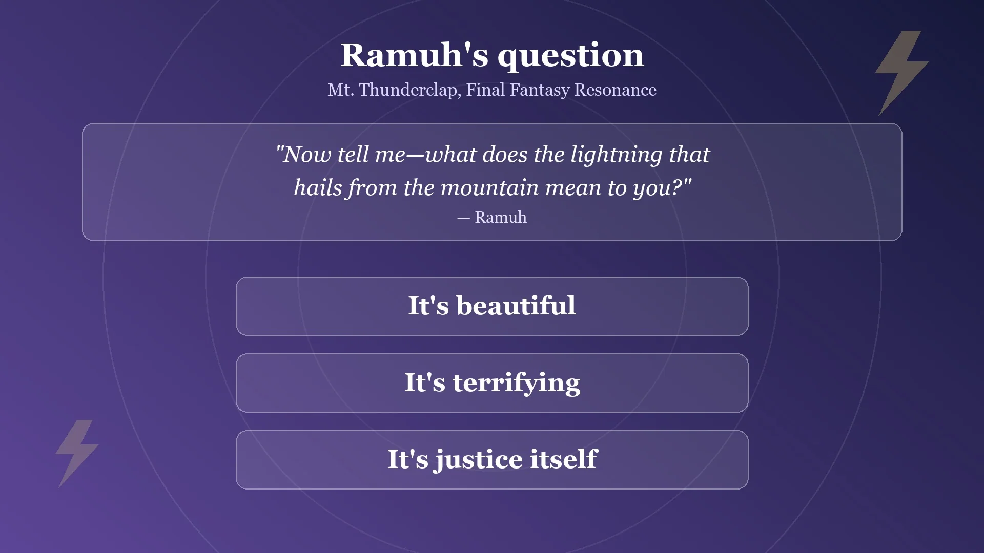 Ramuh's question in Final Fantasy Resonance with the three answer options