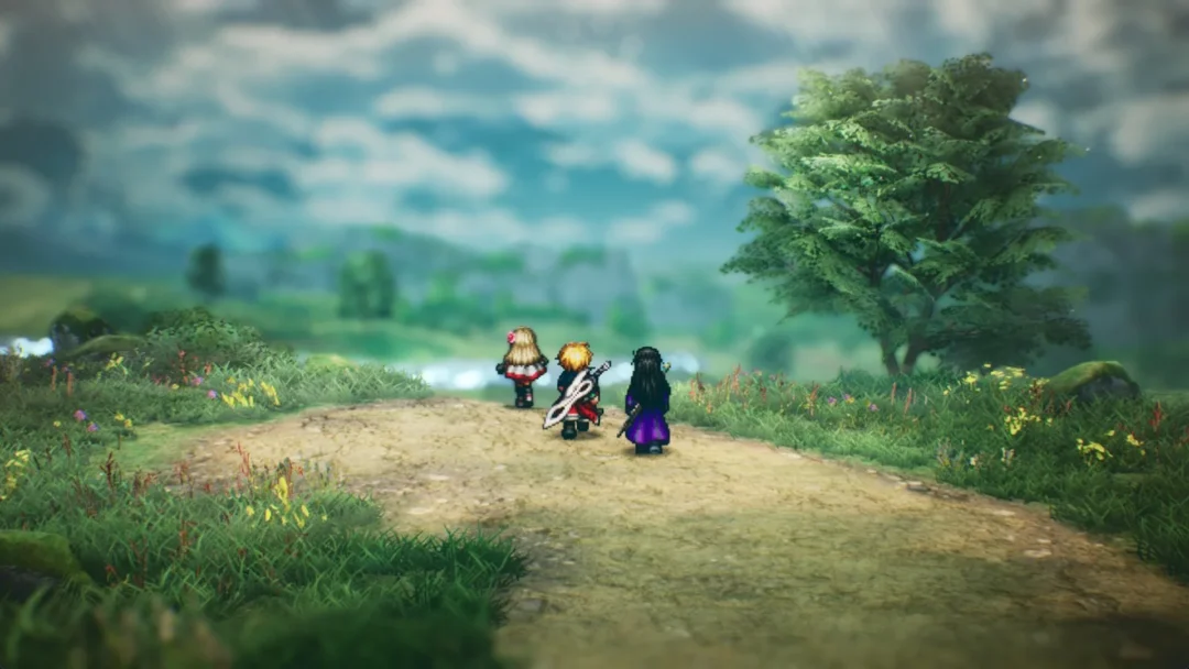 Fina, Rain and Lasswell walking along a dirt road in Final Fantasy Resonance