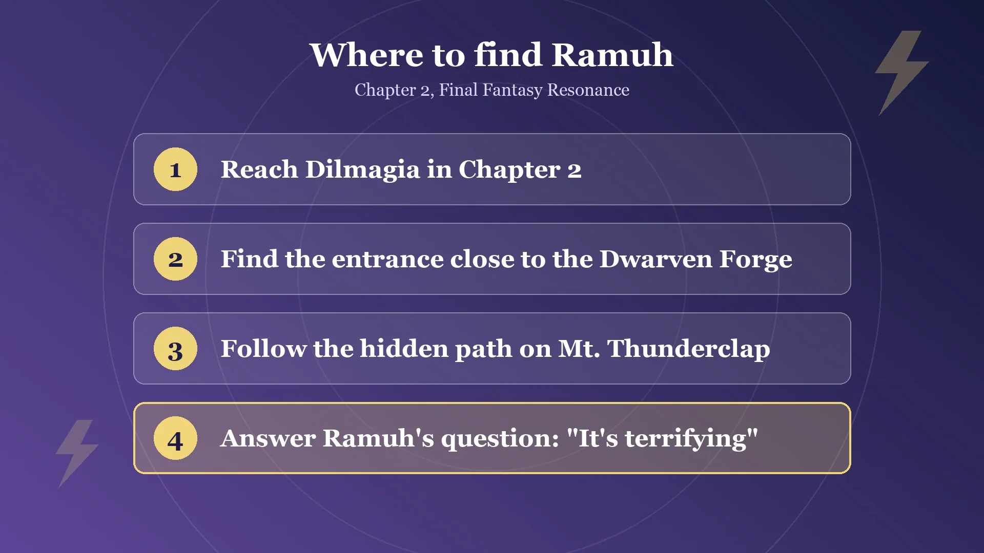 Steps to find Ramuh in Final Fantasy Resonance: Dilmagia, the entrance near the Dwarven Forge and the hidden path on Mt. Thunderclap
