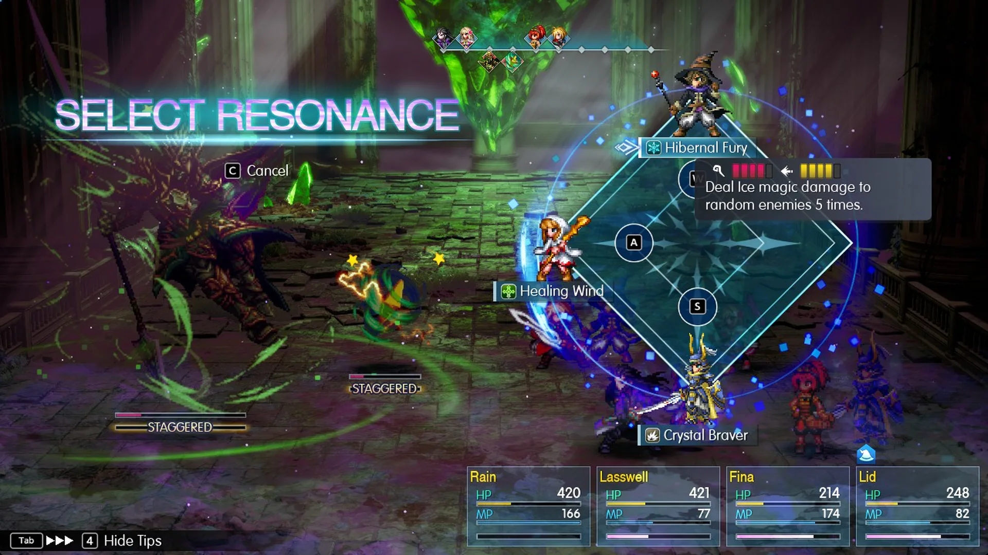 Hibernal Fury: Deal Ice magic damage to random enemies 5 times.