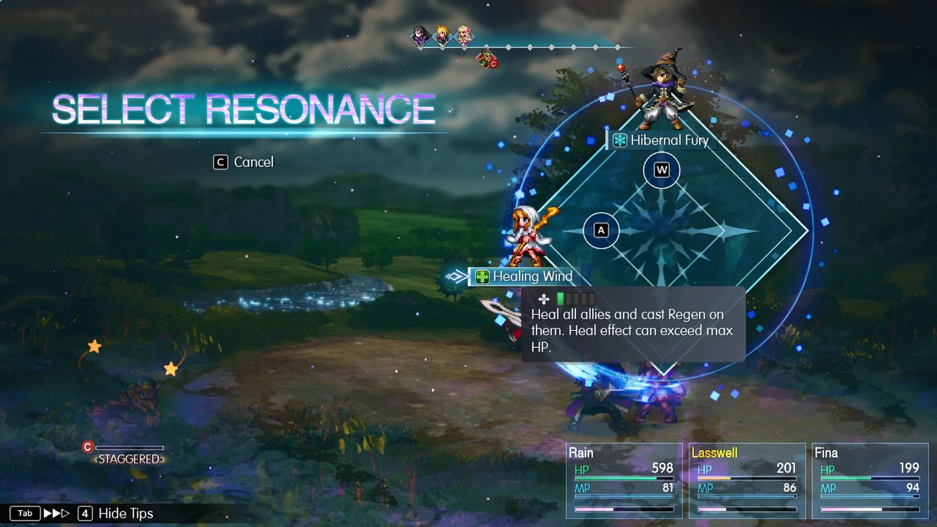 Healing Wind: Heal all allies and cast Regen on them. Heal effect can exceed max HP.