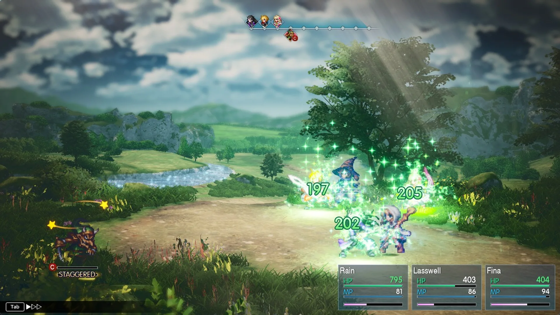 Healing Wind pushing Rain to 795 HP, above max, shown in green