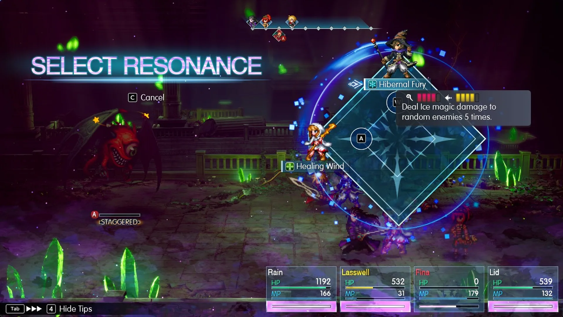 SELECT RESONANCE with Hibernal Fury and Healing Wind while Fina is knocked out